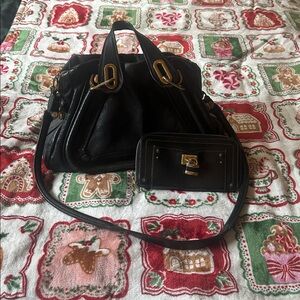 Chloe Paratay Black Leather Handbag + Padlock Leather Wallet Set